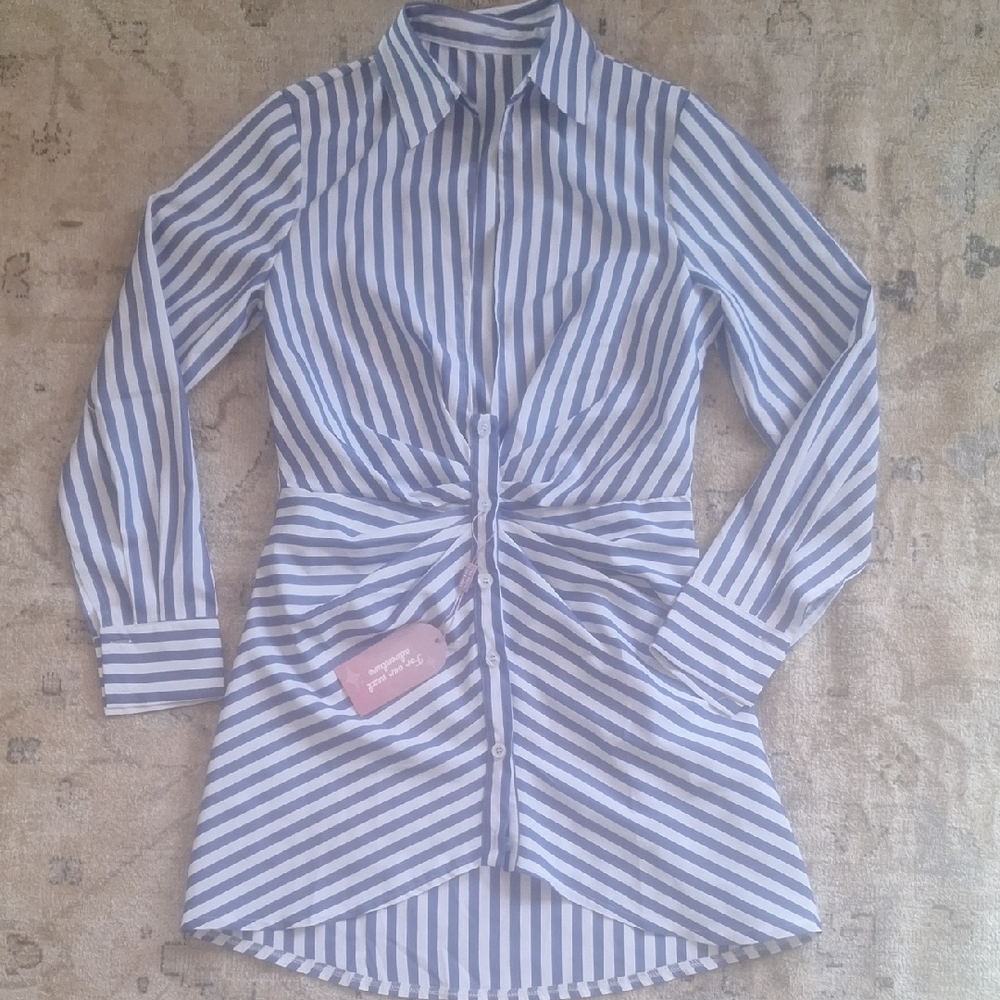 Striped Blue and White Twist-Front Mini Dress